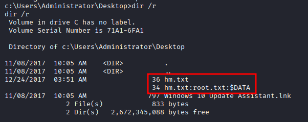 dir /r revealing Alternate Data Stream hm.txt:root.txt