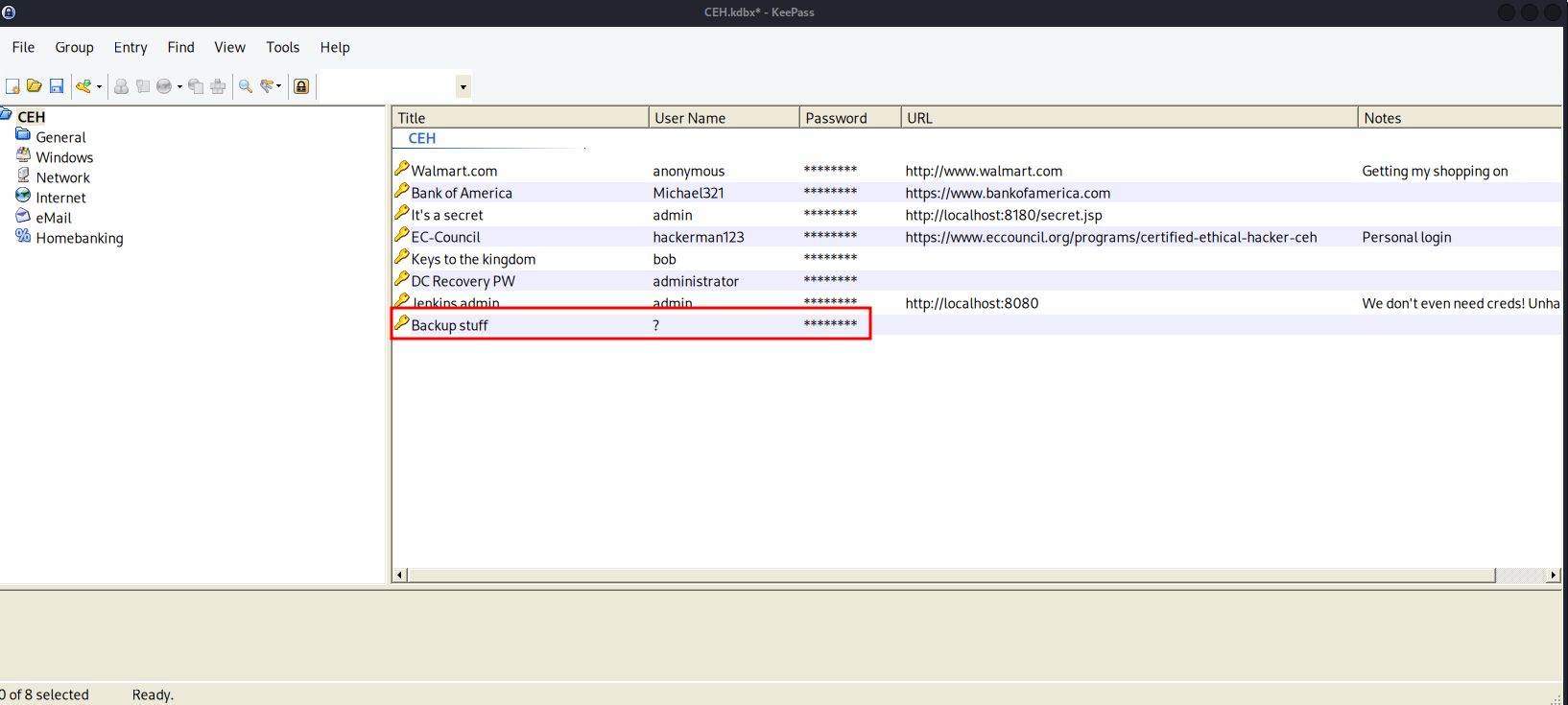 KeePass entries including an NTLM hash for Administrator