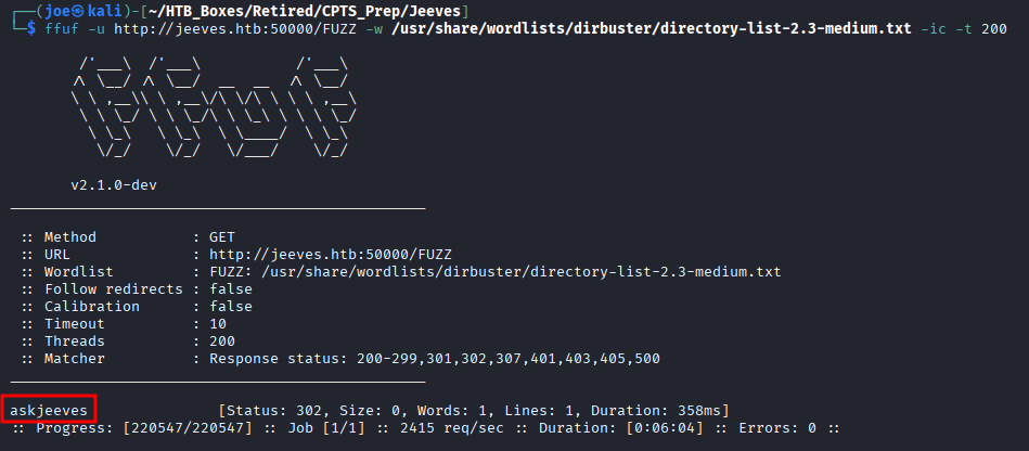 FFUF directory enumeration revealing /askjeeves path
