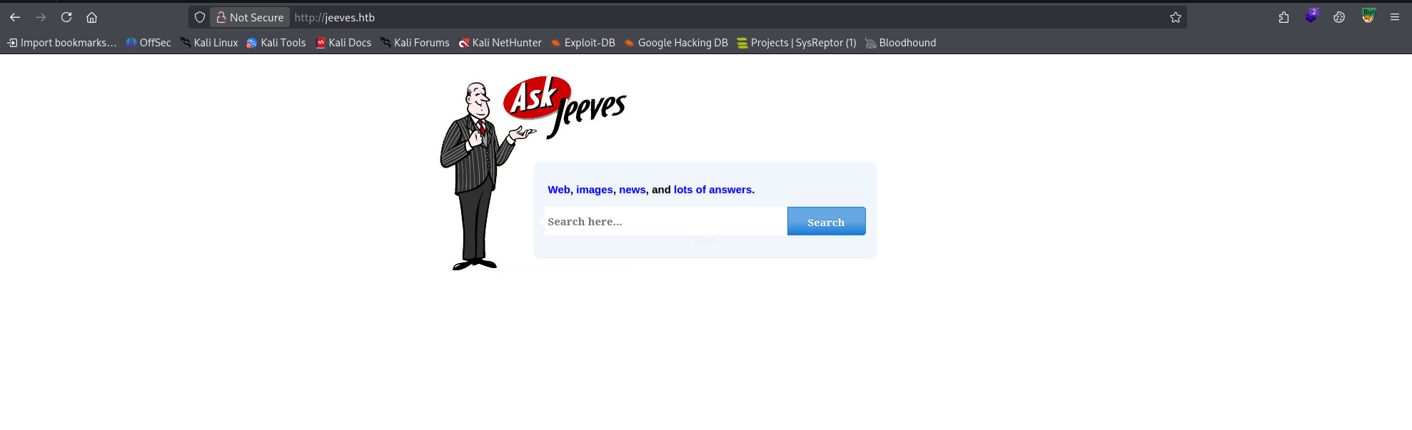 Ask Jeeves homepage showing search interface