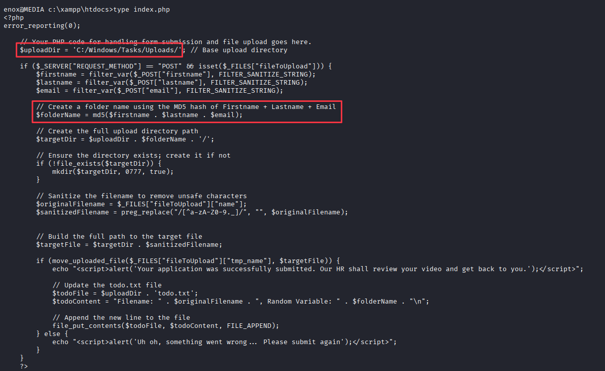 index.php showing the upload directory and MD5 folder logic