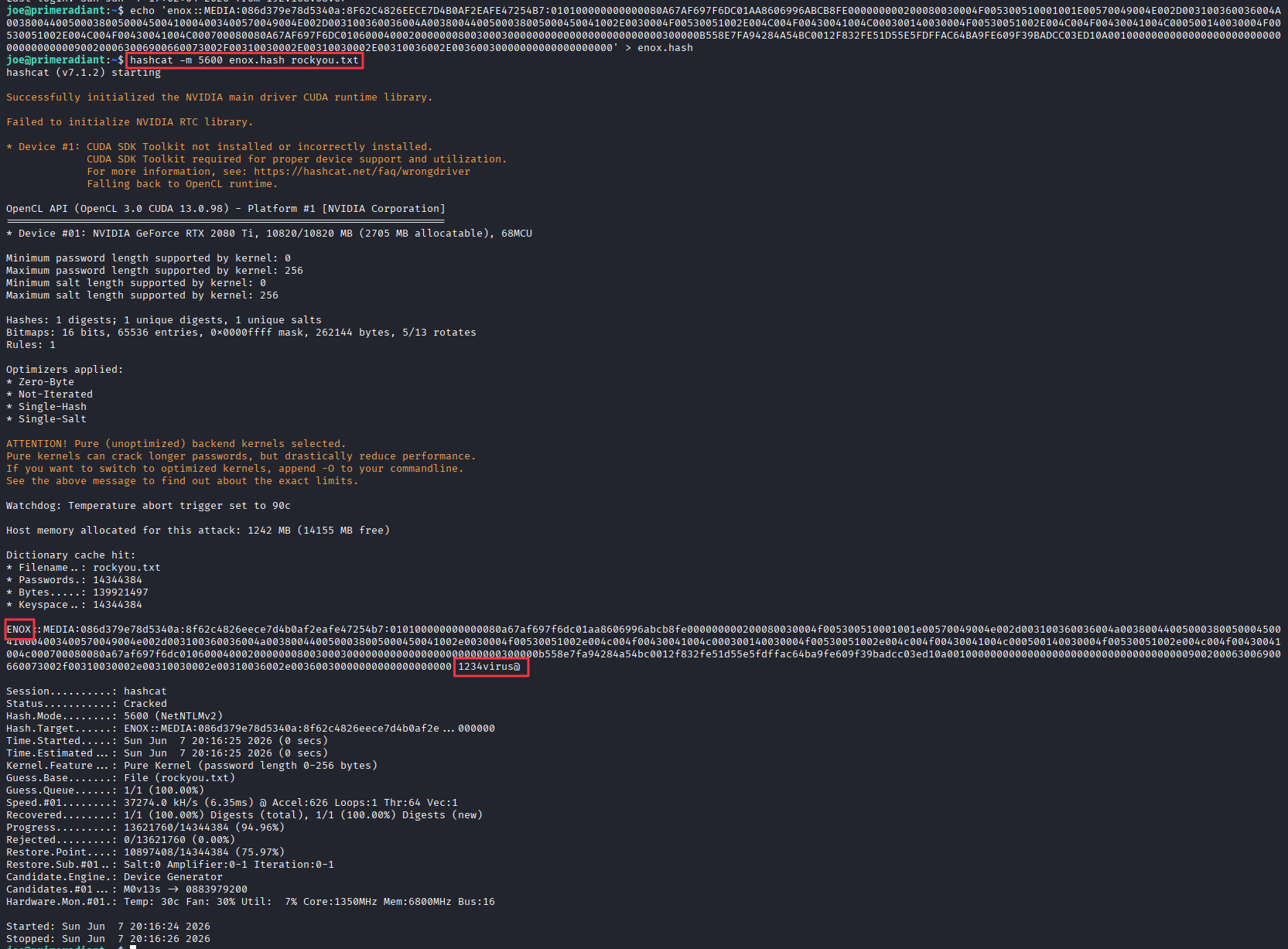 Hashcat cracking enox's NTLMv2 hash, returning 1234virus@
