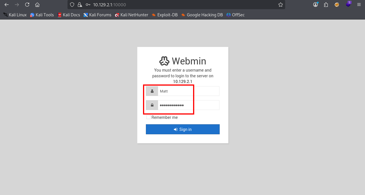 Webmin login form with Matt credentials entered