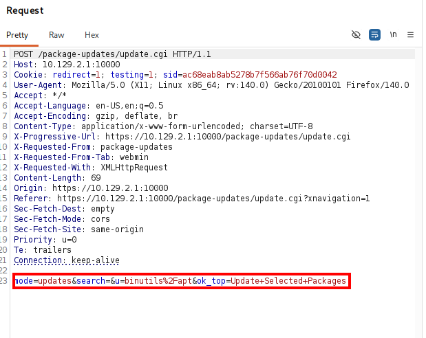 Burp Repeater showing POST to /package-updates/update.cgi with u= parameter highlighted