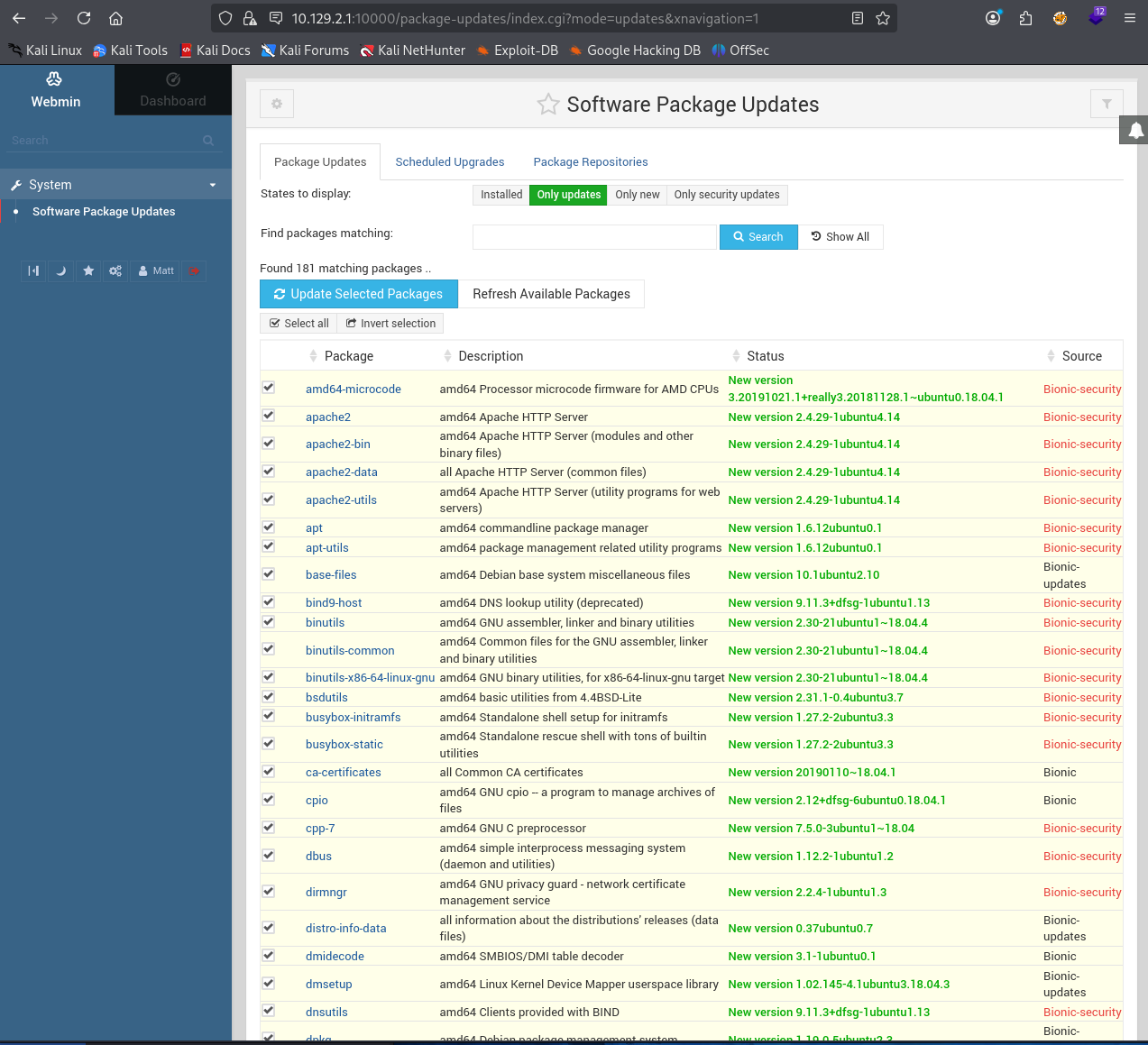 Webmin Software Package Updates page showing available packages