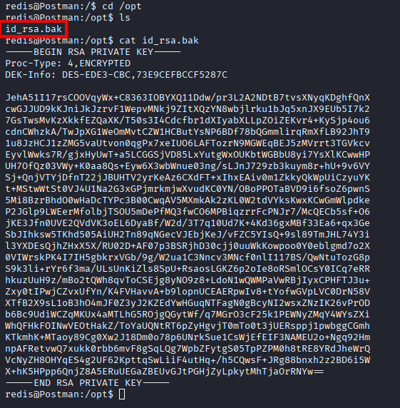 /opt/id_rsa.bak contents showing DES-EDE3-CBC encrypted RSA private key
