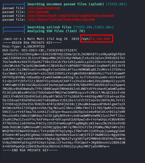 LinPEAS output highlighting /opt/id_rsa.bak with DES-EDE3-CBC encrypted RSA key