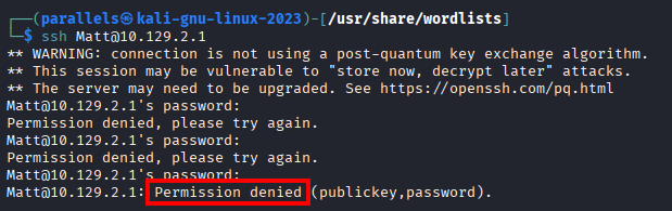 SSH as Matt with computer2008 fails with Permission denied