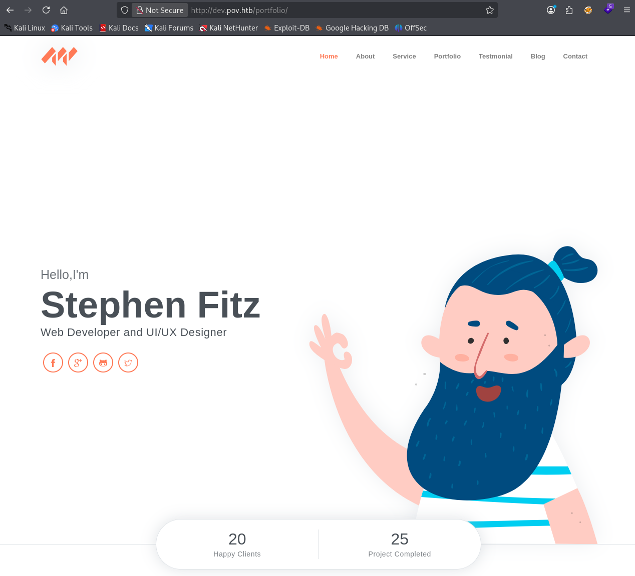 dev.pov.htb portfolio landing page