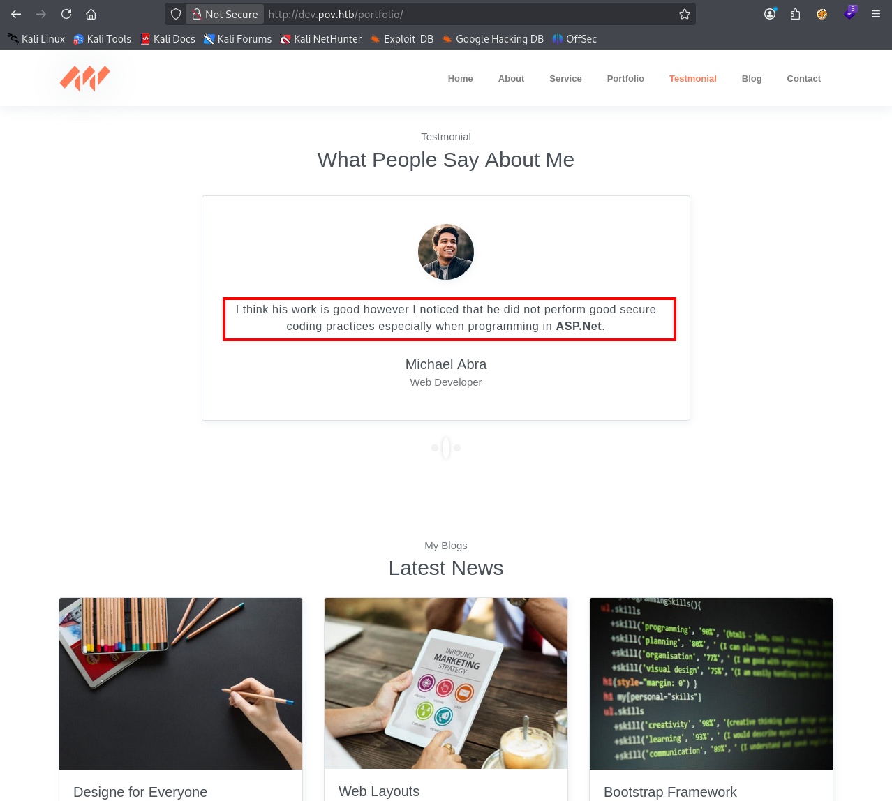 dev.pov.htb — hint referencing ASP.NET bad practices