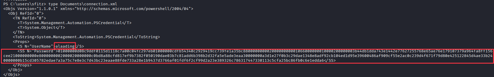 connection.xml containing encrypted PSCredential object for alaading