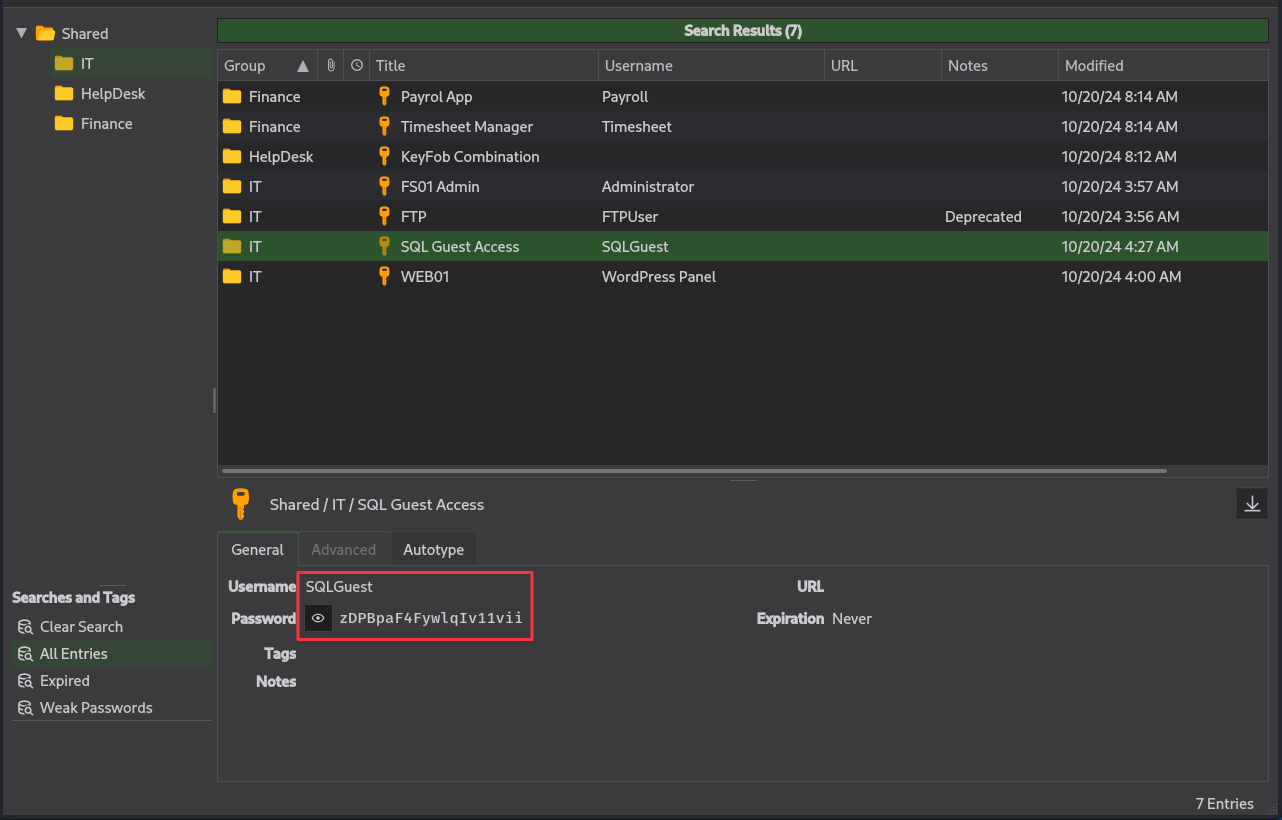 KeePass entry showing SQLGuest credentials