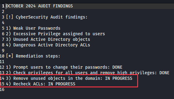 CyberAudit.txt — two items in progress: remove unused domain objects, recheck ACLs