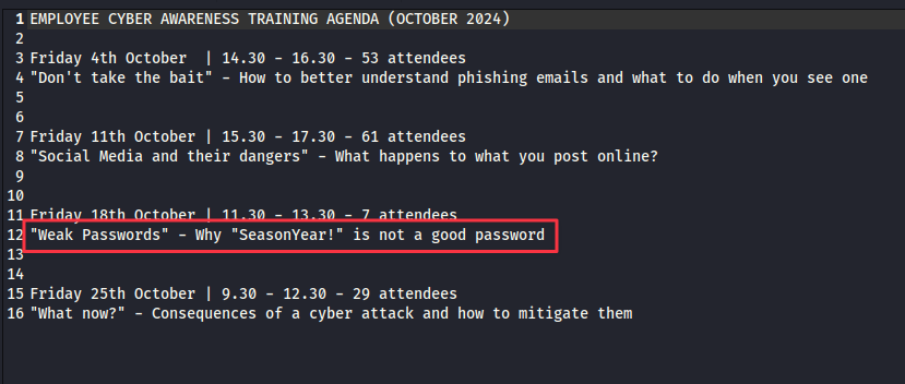 TrainingAgenda.txt — weak password training content hinting at SeasonYear! format