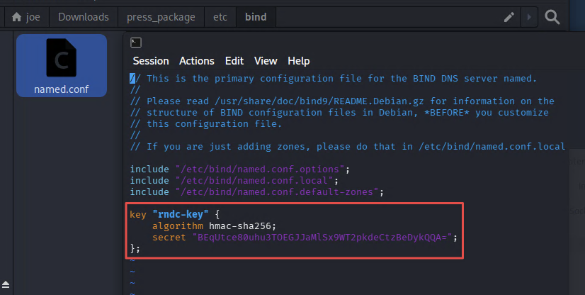 named.conf revealing the rndc-key secret