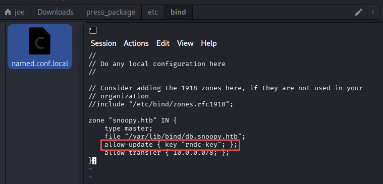 named.conf.local contents showing rndc-key update permissions
