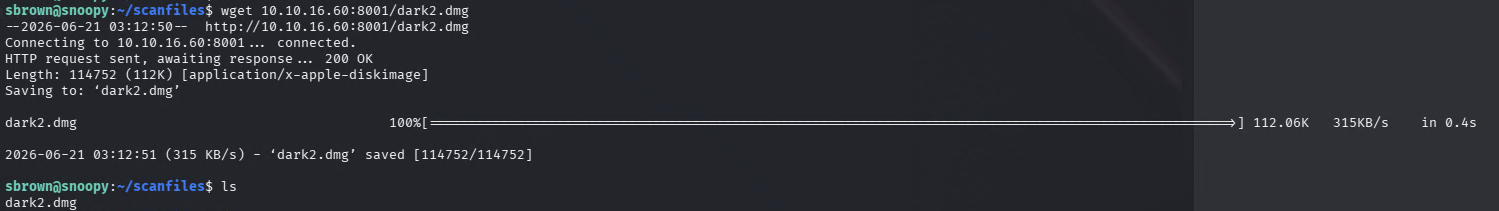 dark2.dmg successfully transferred to the scanfiles directory