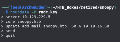 nsupdate adding the mail.snoopy.htb DNS record