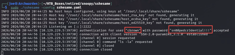 sshesame logging the provisioning connection and capturing cbrown's credentials