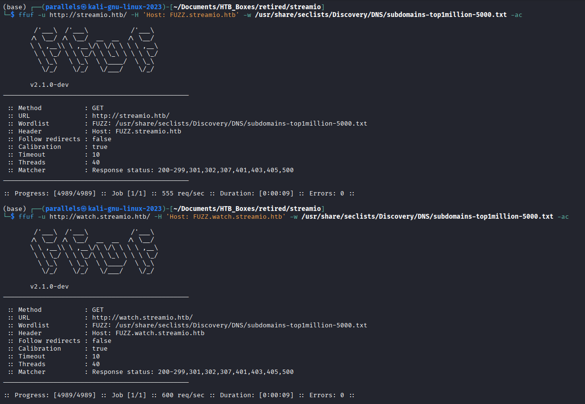 ffuf subdomain scan against streamio.htb finds nothing new