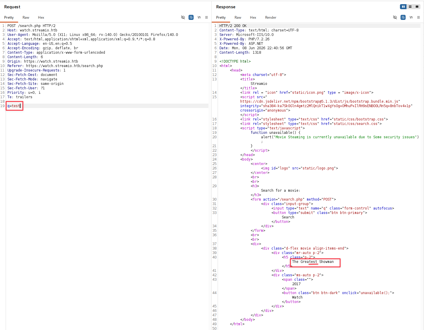 Burp Repeater showing test query returning results