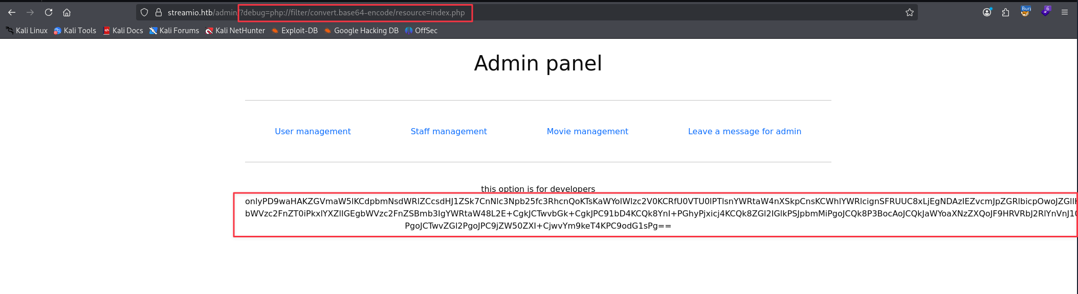 PHP filter wrapper returning base64-encoded index.php source