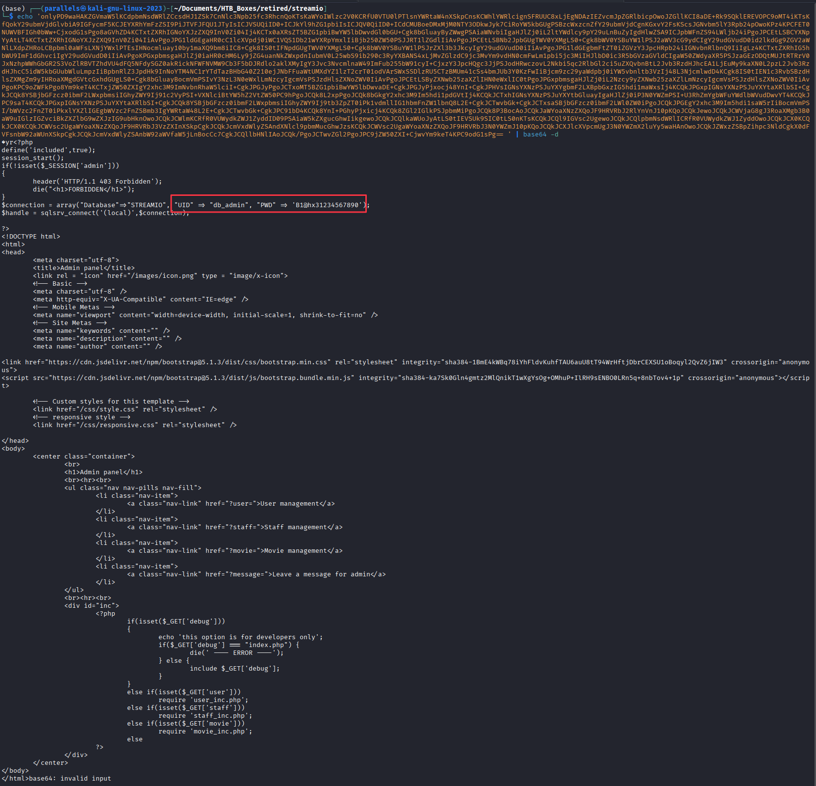 Decoded index.php source revealing db_admin credentials