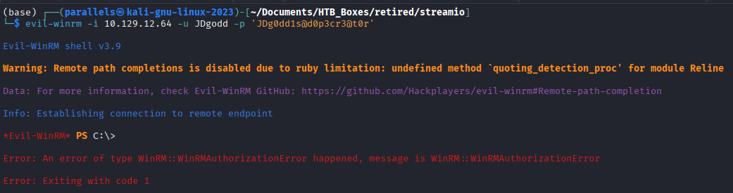 Evil-WinRM failing for JDgodd