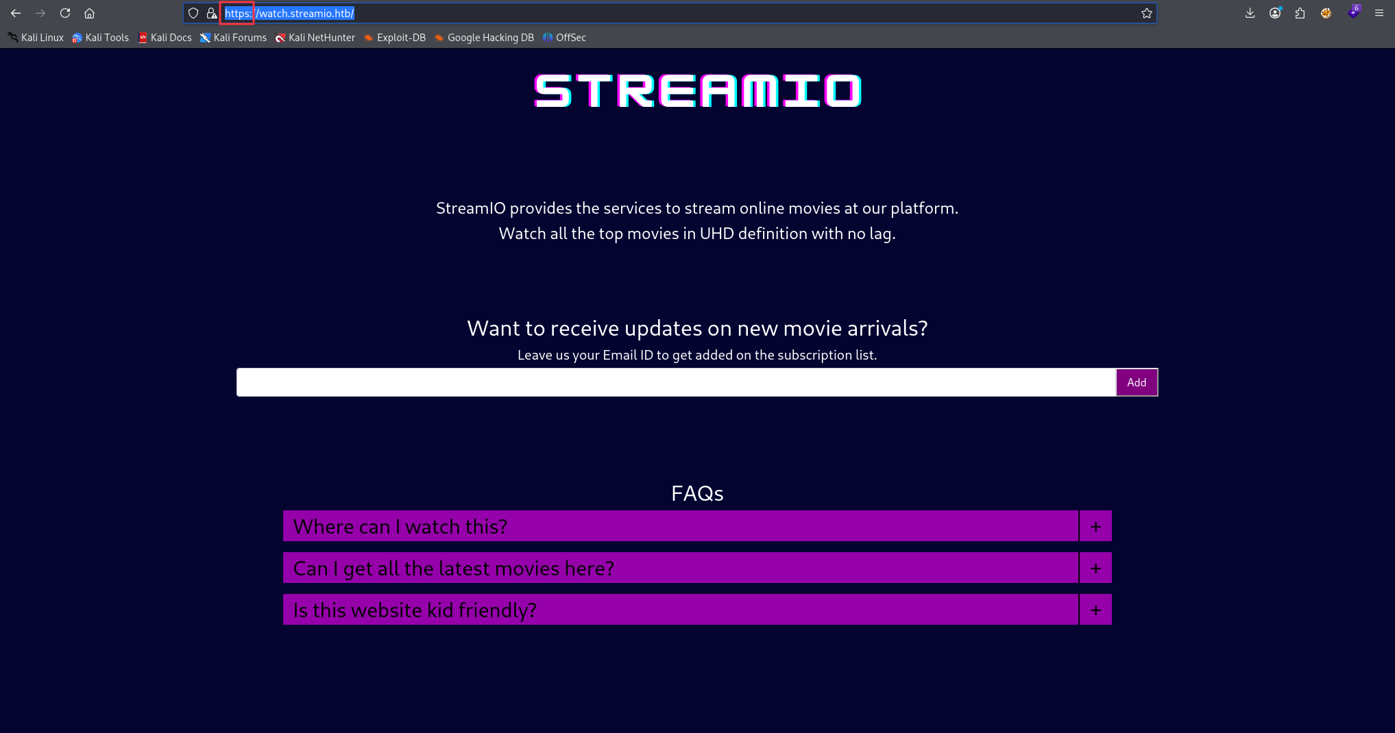 watch.streamio.htb homepage
