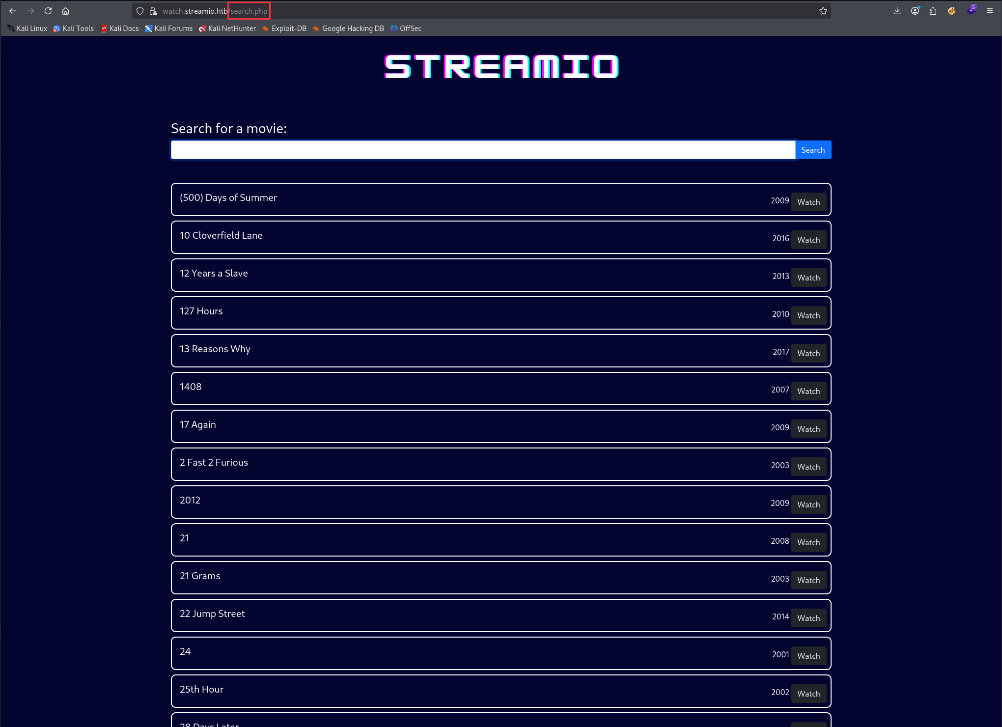 watch.streamio.htb search page