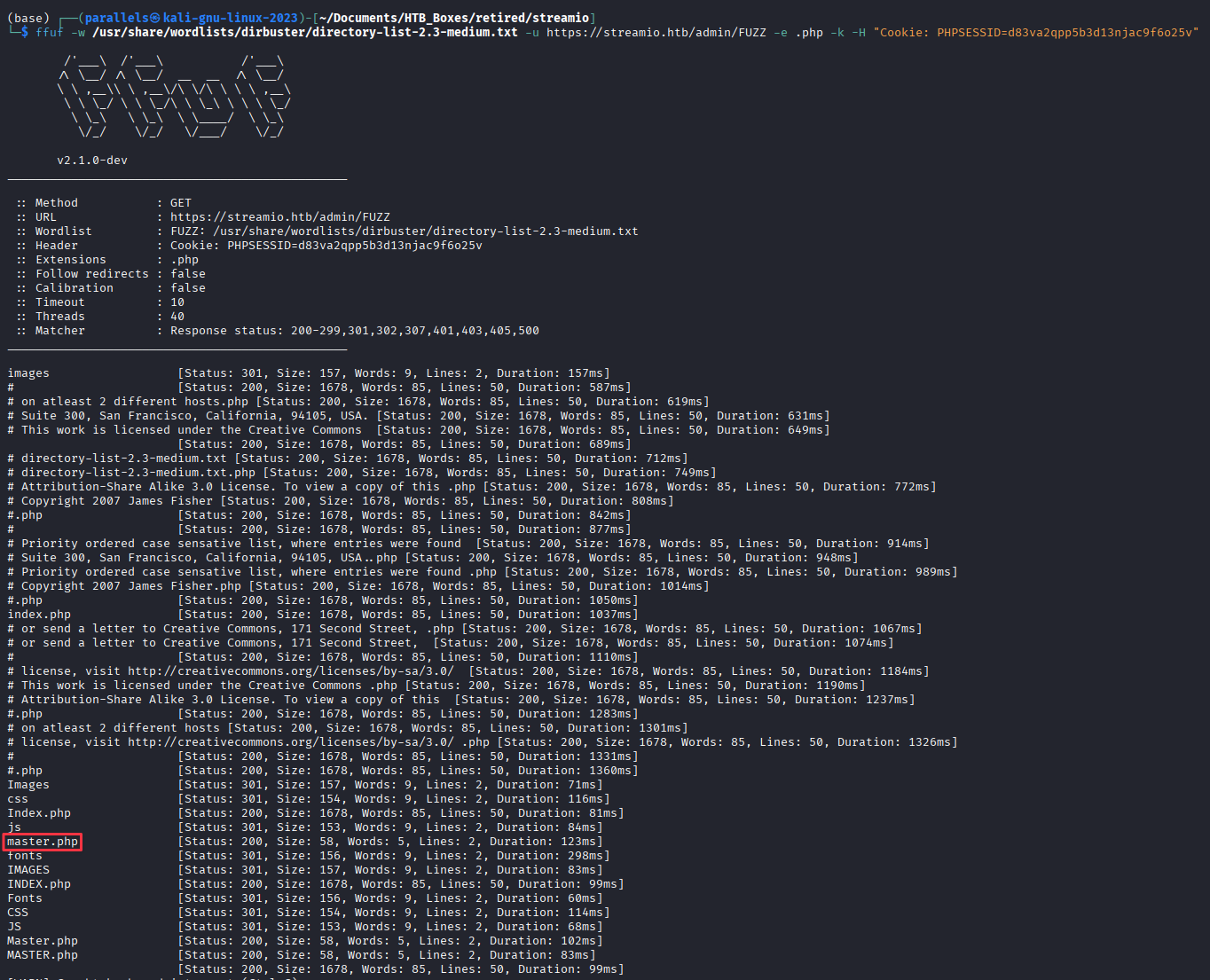 ffuf finding master.php in the admin directory