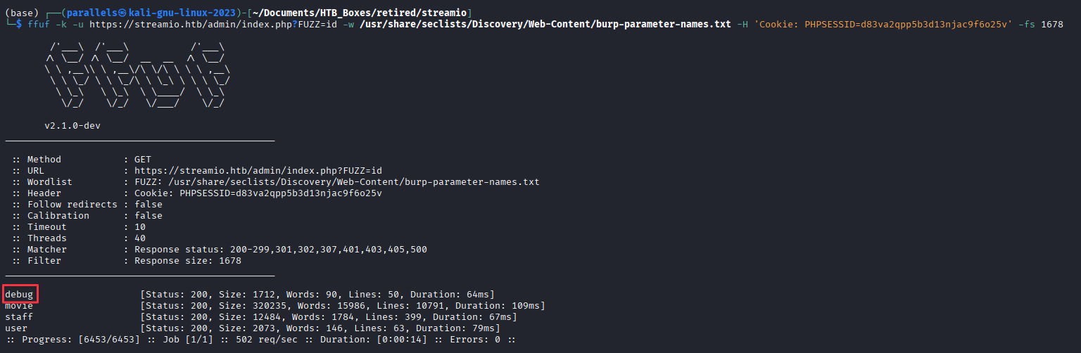 ffuf finding the debug parameter in the admin panel